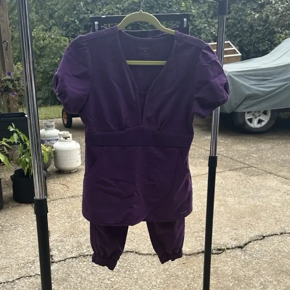 Jaanuu Women's Purple V Neck Scrub Set Top XS Bottoms XXSP